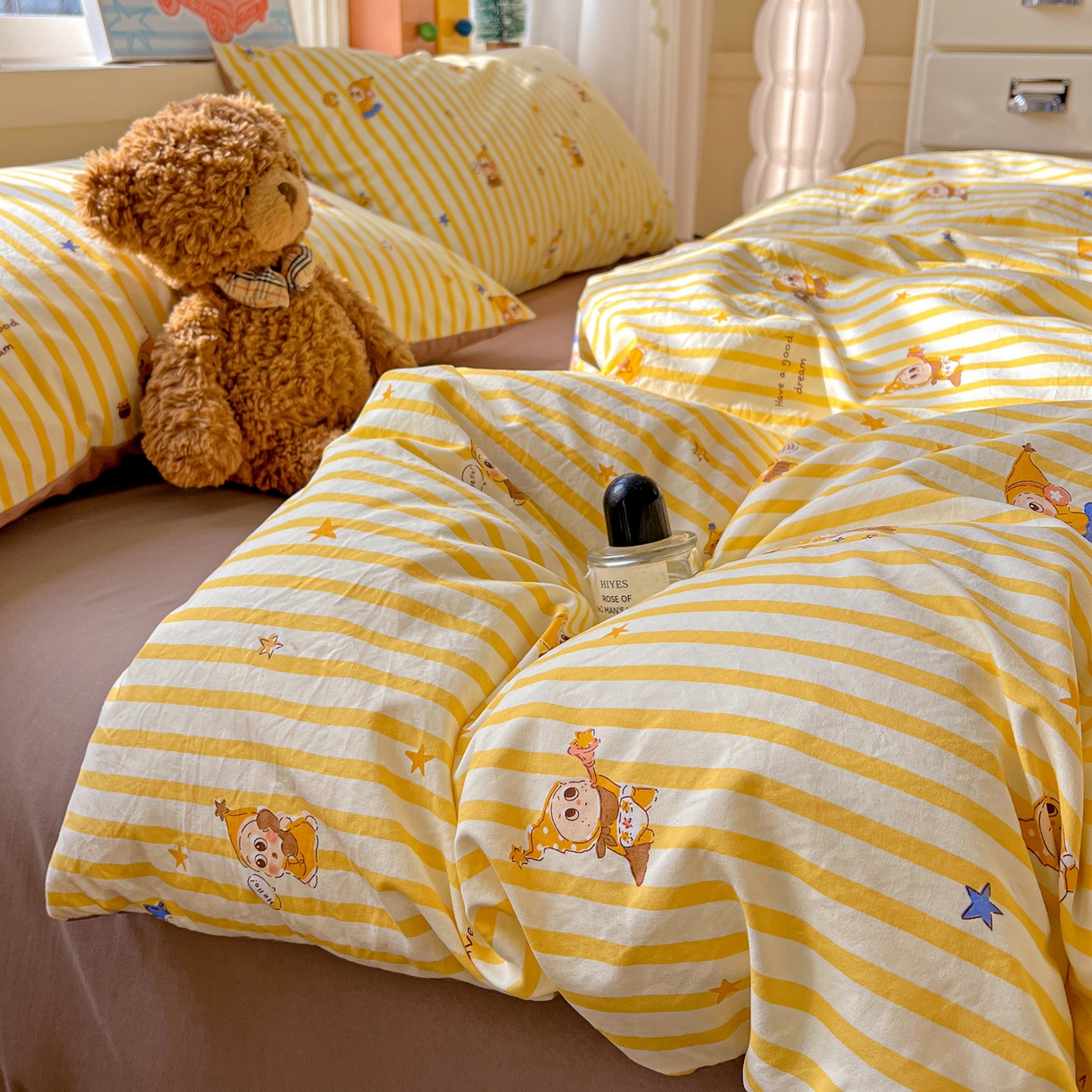 91家纺网 家纺一手货源 找家纺 弗苓家纺 2026新款古法水洗仿棉云感纱四件套小布袋 晚安小星星