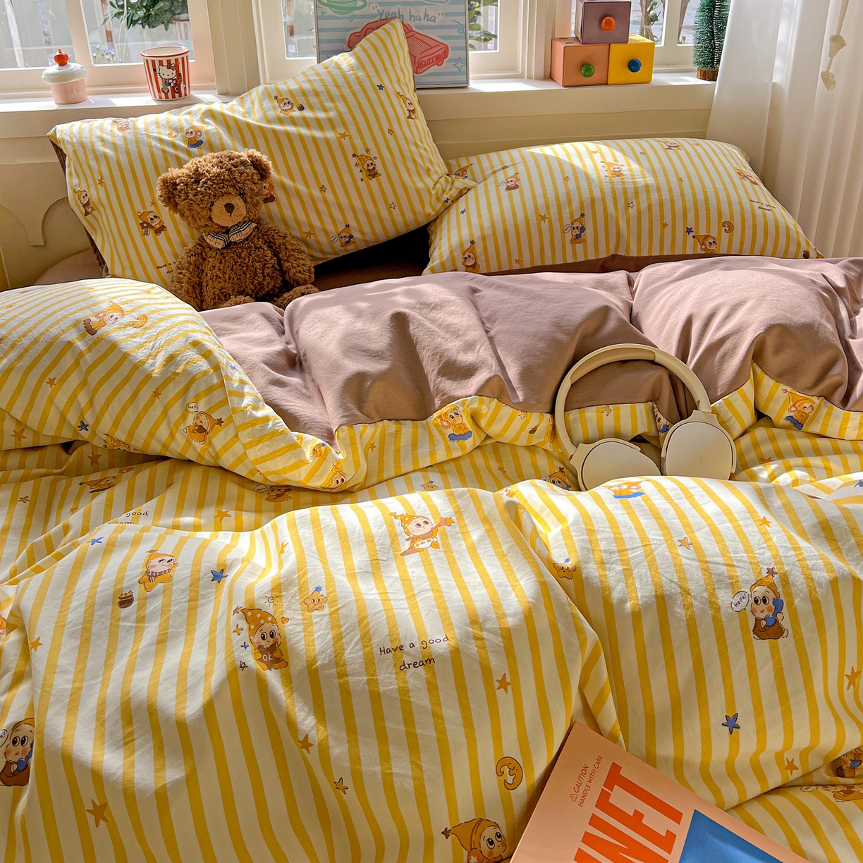 91家纺网 家纺一手货源 找家纺 弗苓家纺 2026新款古法水洗仿棉云感纱四件套小布袋 晚安小星星