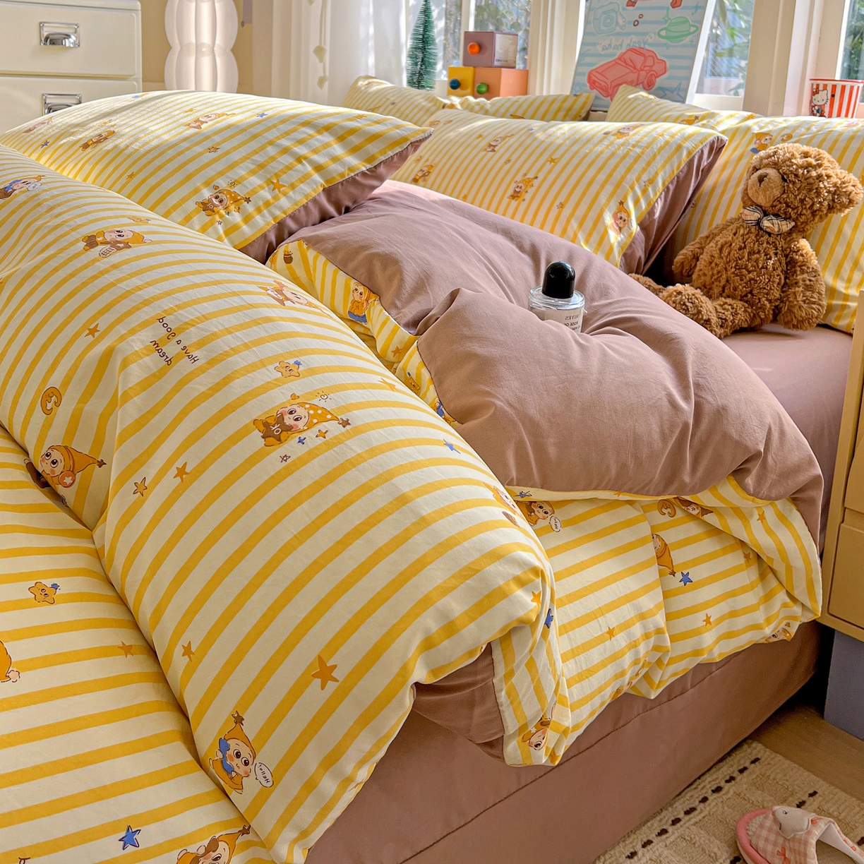 91家纺网 家纺一手货源 找家纺 弗苓家纺 2026新款古法水洗仿棉云感纱四件套小布袋 晚安小星星