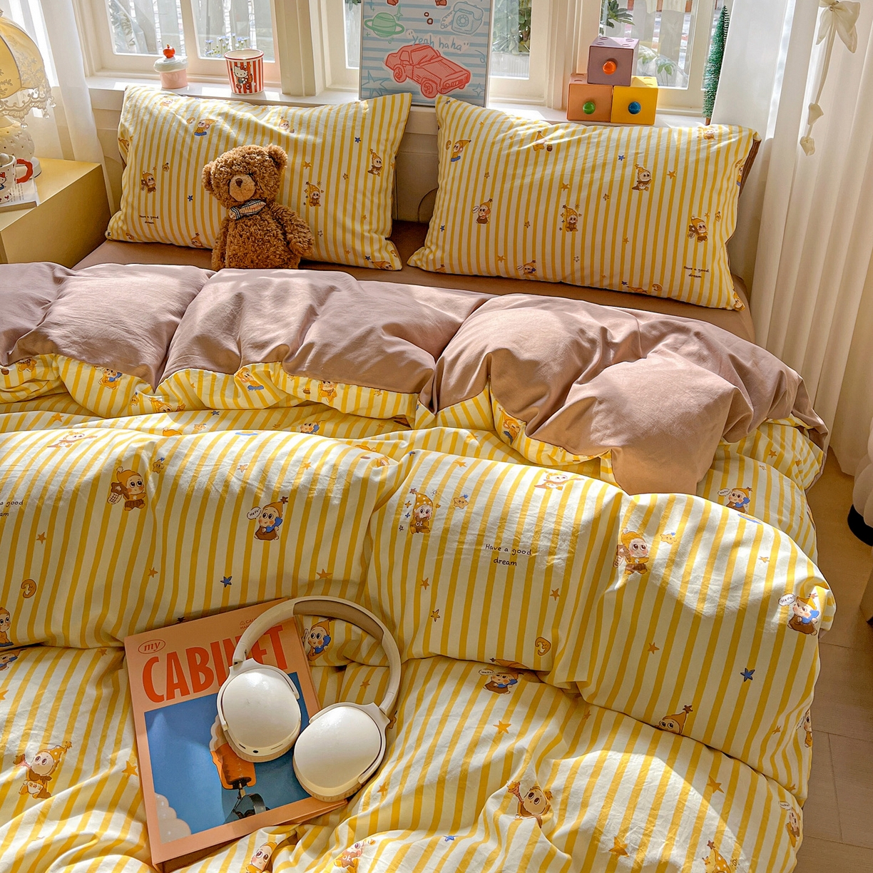 91家纺网 家纺一手货源 找家纺 弗苓家纺 2026新款古法水洗仿棉云感纱四件套小布袋 晚安小星星