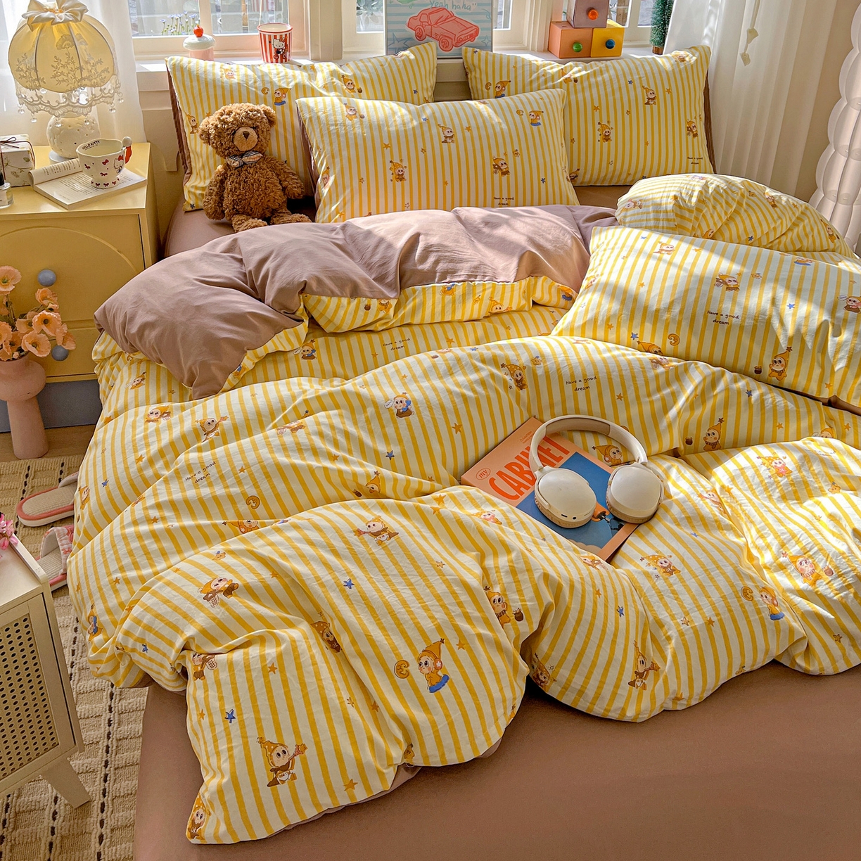 91家纺网 家纺一手货源 找家纺 弗苓家纺 2026新款古法水洗仿棉云感纱四件套小布袋 晚安小星星