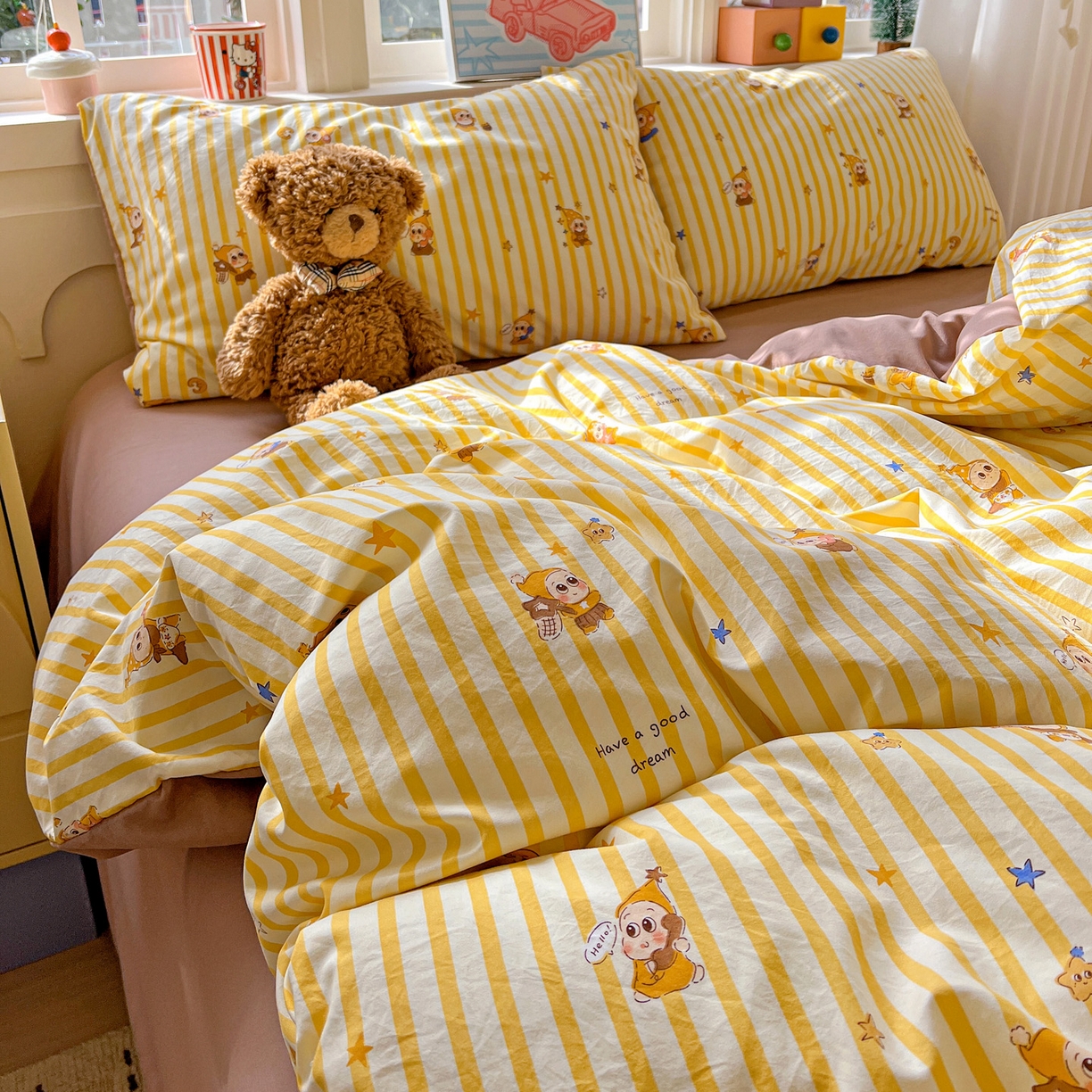 91家纺网 家纺一手货源 找家纺 弗苓家纺 2026新款古法水洗仿棉云感纱四件套小布袋 晚安小星星