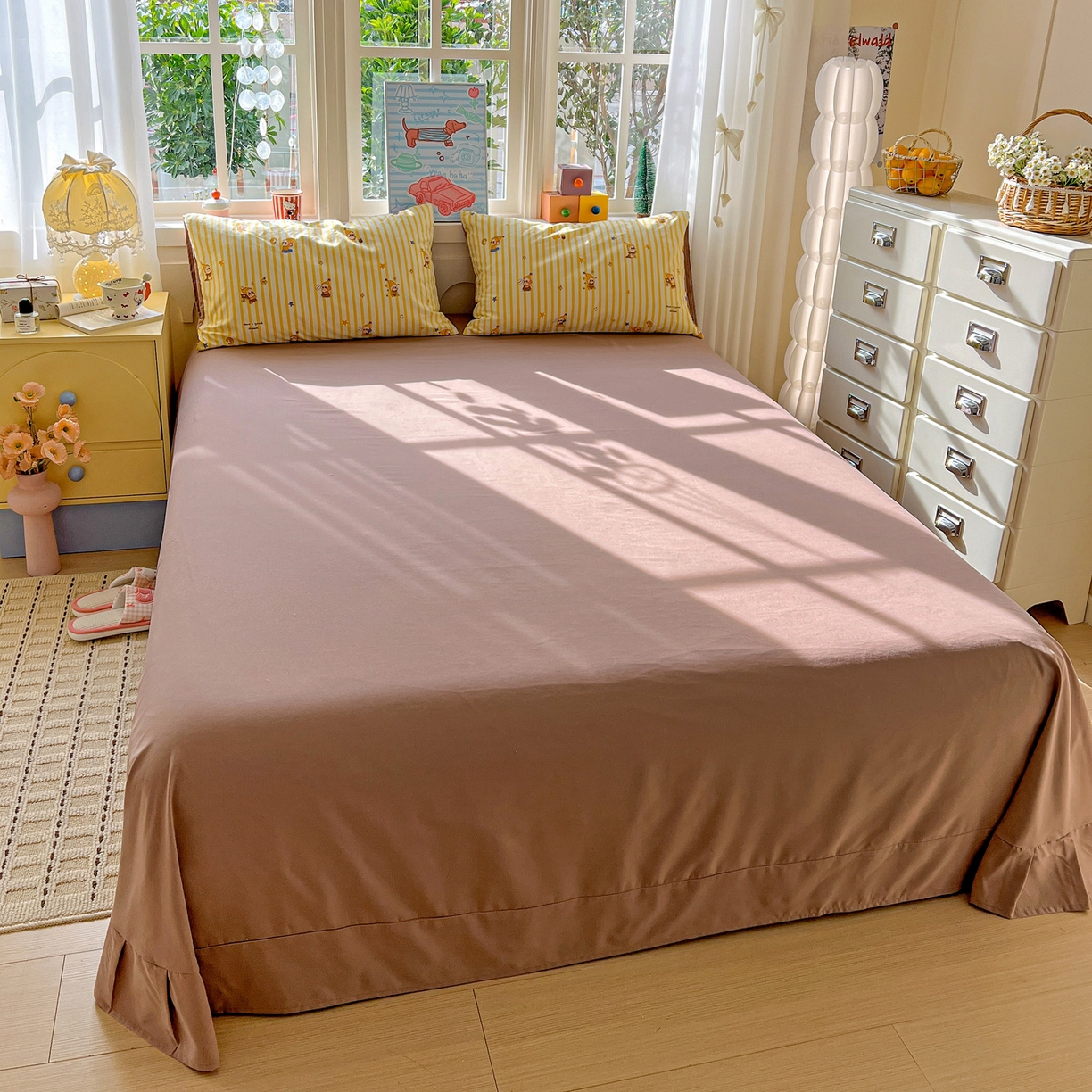 91家纺网 家纺一手货源 找家纺 弗苓家纺 2026新款古法水洗仿棉云感纱四件套小布袋 晚安小星星