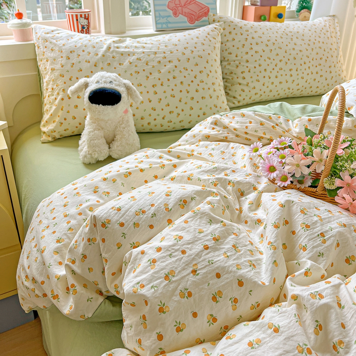 91家纺网 家纺一手货源 找家纺 弗苓家纺 2026新款古法水洗仿棉云感纱四件套小布袋 小橘子