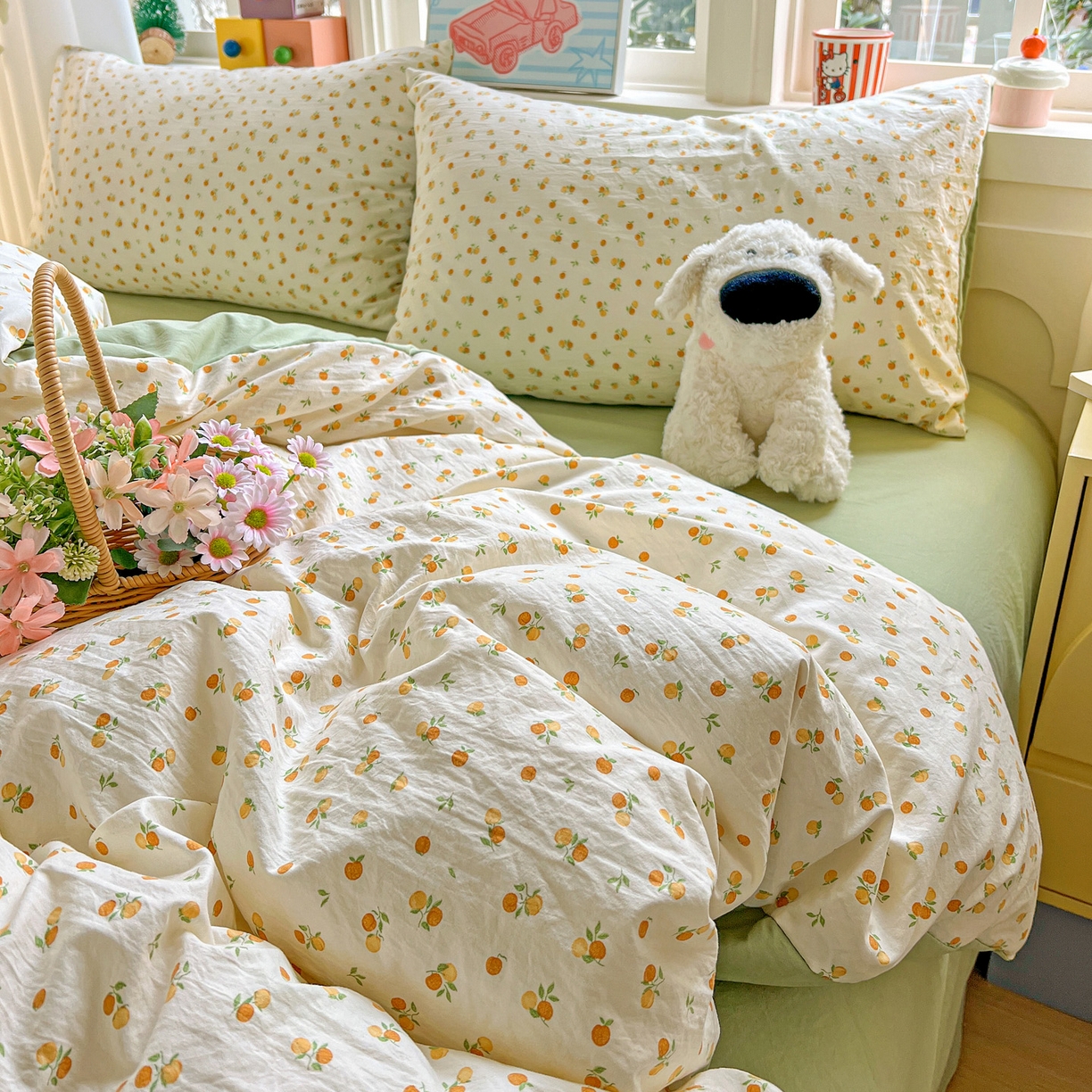 91家纺网 家纺一手货源 找家纺 弗苓家纺 2026新款古法水洗仿棉云感纱四件套小布袋 小橘子