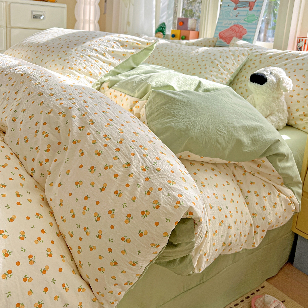 91家纺网 家纺一手货源 找家纺 弗苓家纺 2026新款古法水洗仿棉云感纱四件套小布袋 小橘子