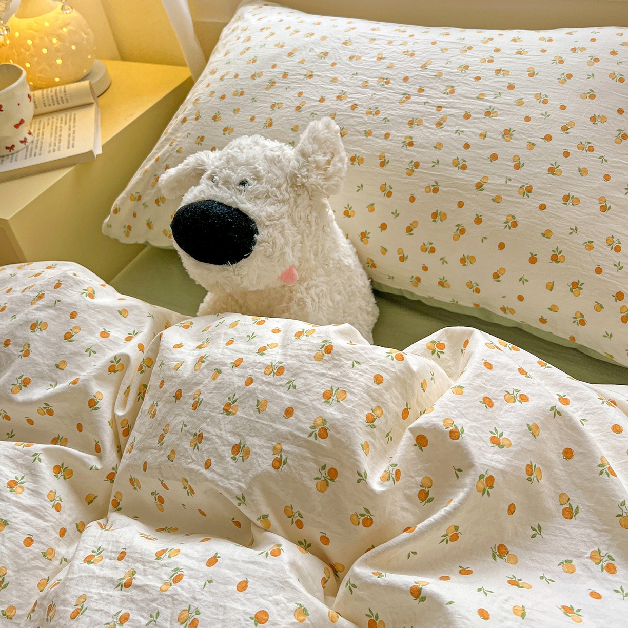 91家纺网 家纺一手货源 找家纺 弗苓家纺 2026新款古法水洗仿棉云感纱四件套小布袋 小橘子