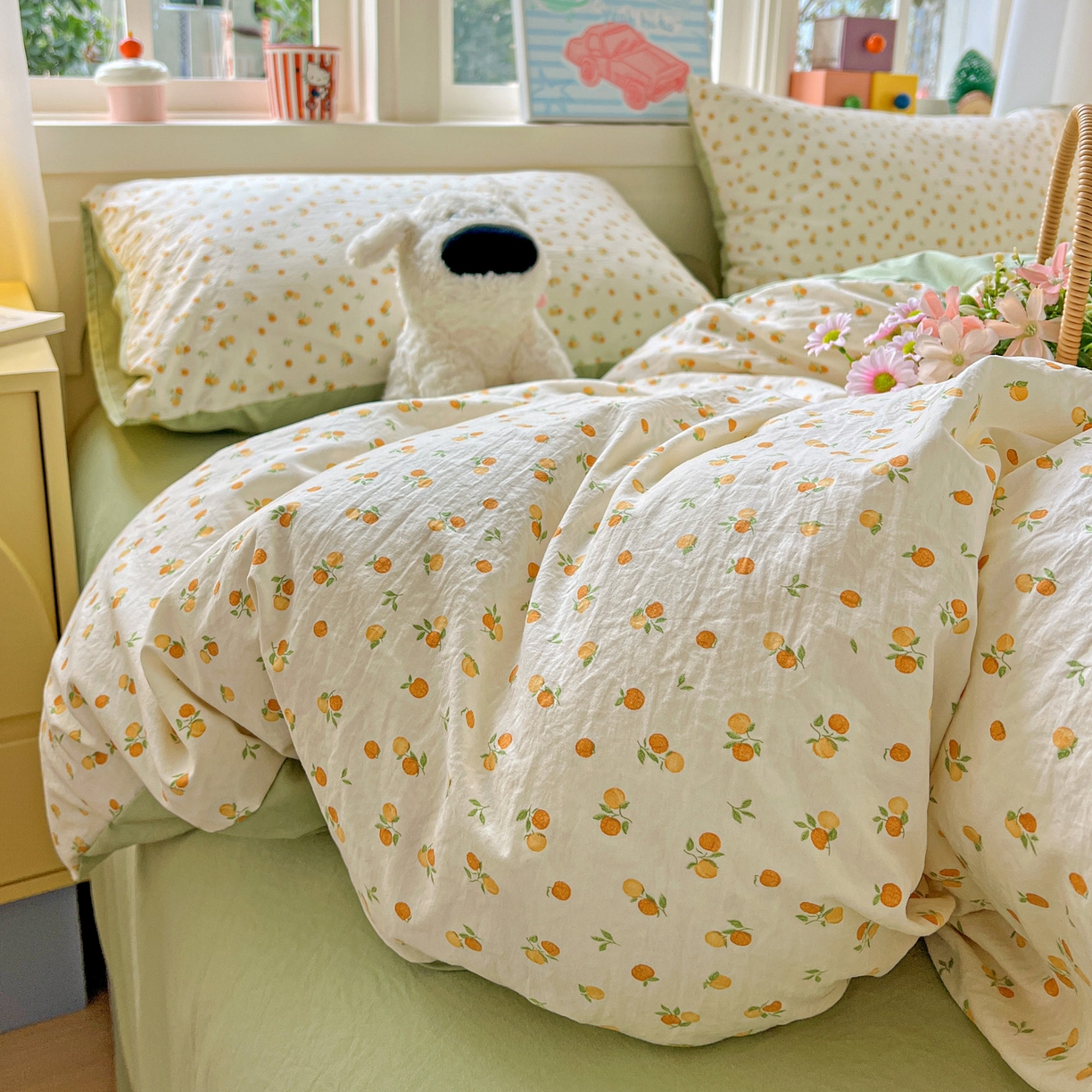 91家纺网 家纺一手货源 找家纺 弗苓家纺 2026新款古法水洗仿棉云感纱四件套小布袋 小橘子