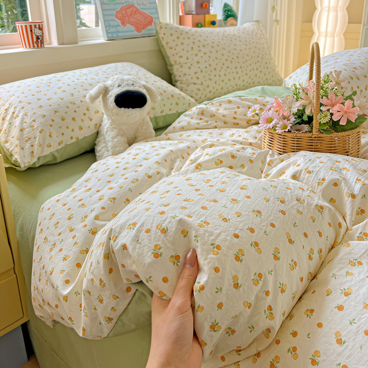 91家纺网 家纺一手货源 找家纺 弗苓家纺 2026新款古法水洗仿棉云感纱四件套小布袋 小橘子