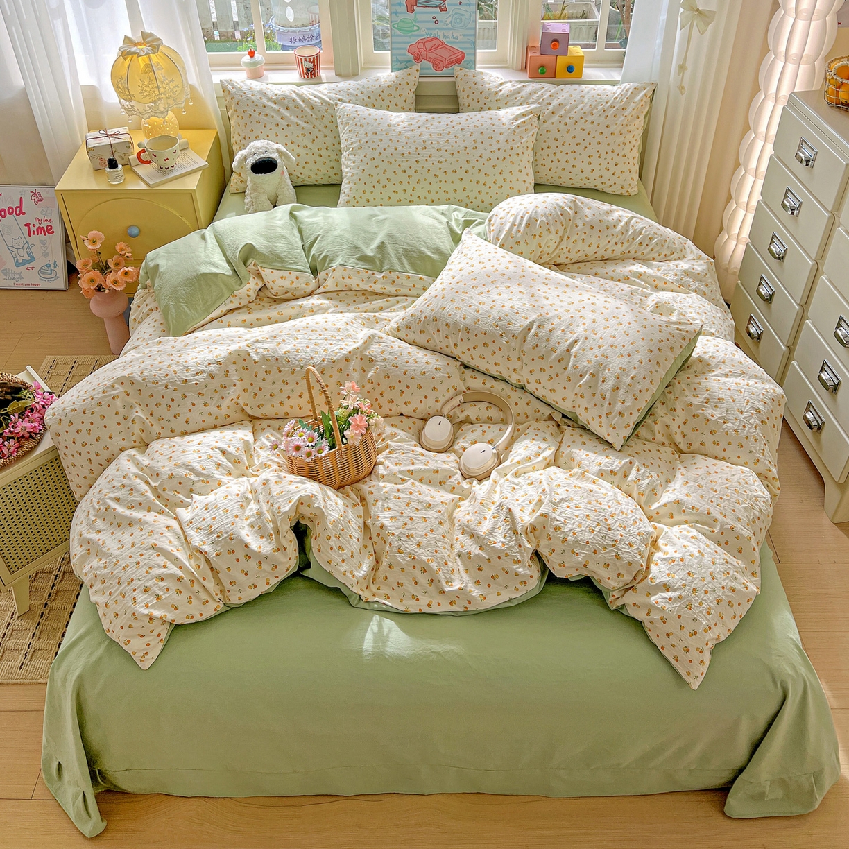 91家纺网 家纺一手货源 找家纺 弗苓家纺 2026新款古法水洗仿棉云感纱四件套小布袋 小橘子