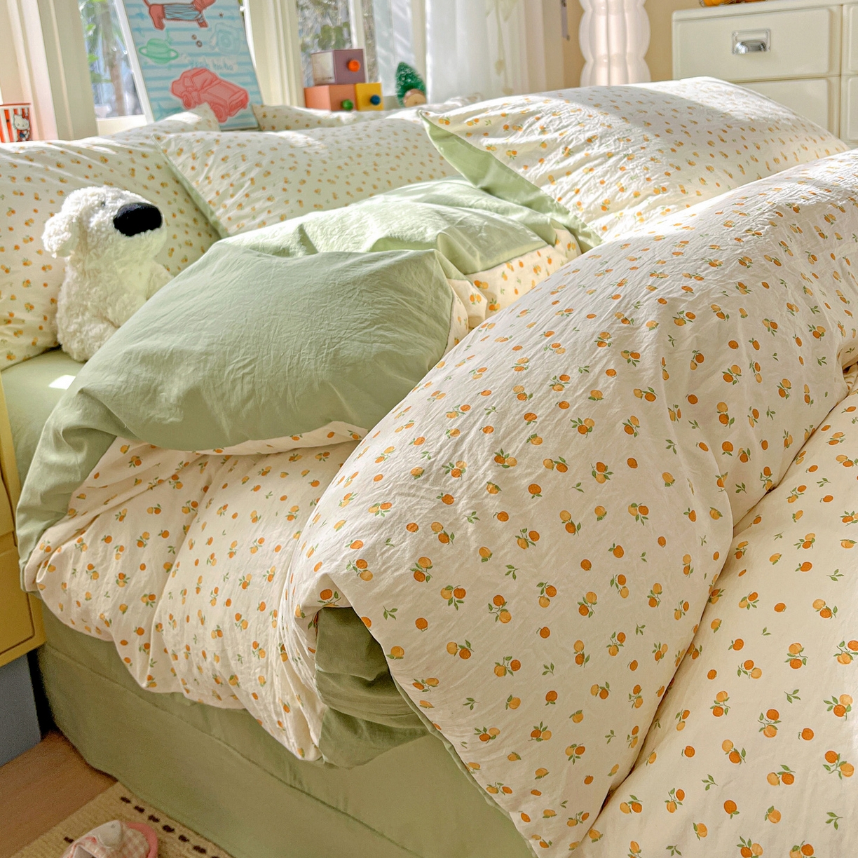 91家纺网 家纺一手货源 找家纺 弗苓家纺 2026新款古法水洗仿棉云感纱四件套小布袋 小橘子