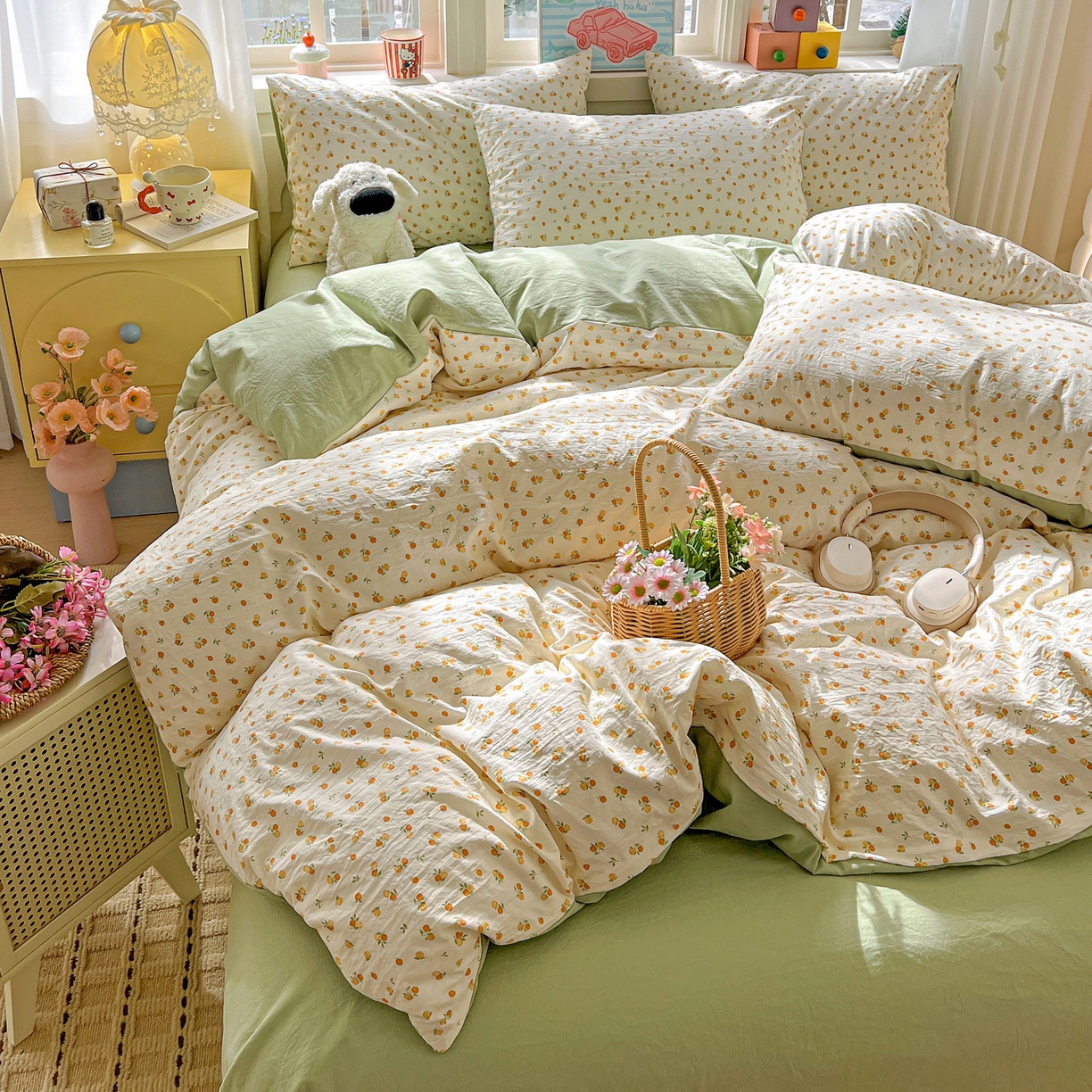 91家纺网 家纺一手货源 找家纺 弗苓家纺 2026新款古法水洗仿棉云感纱四件套小布袋 小橘子