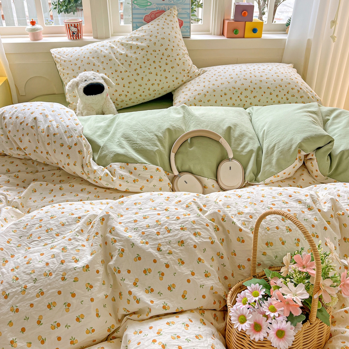 91家纺网 家纺一手货源 找家纺 弗苓家纺 2026新款古法水洗仿棉云感纱四件套小布袋 小橘子