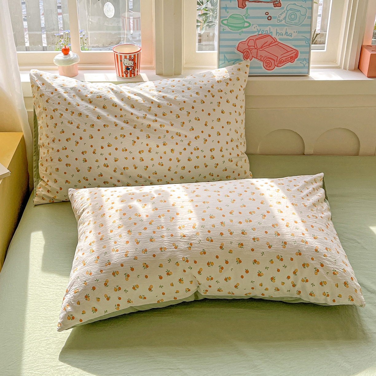 91家纺网 家纺一手货源 找家纺 弗苓家纺 2026新款古法水洗仿棉云感纱四件套小布袋 小橘子