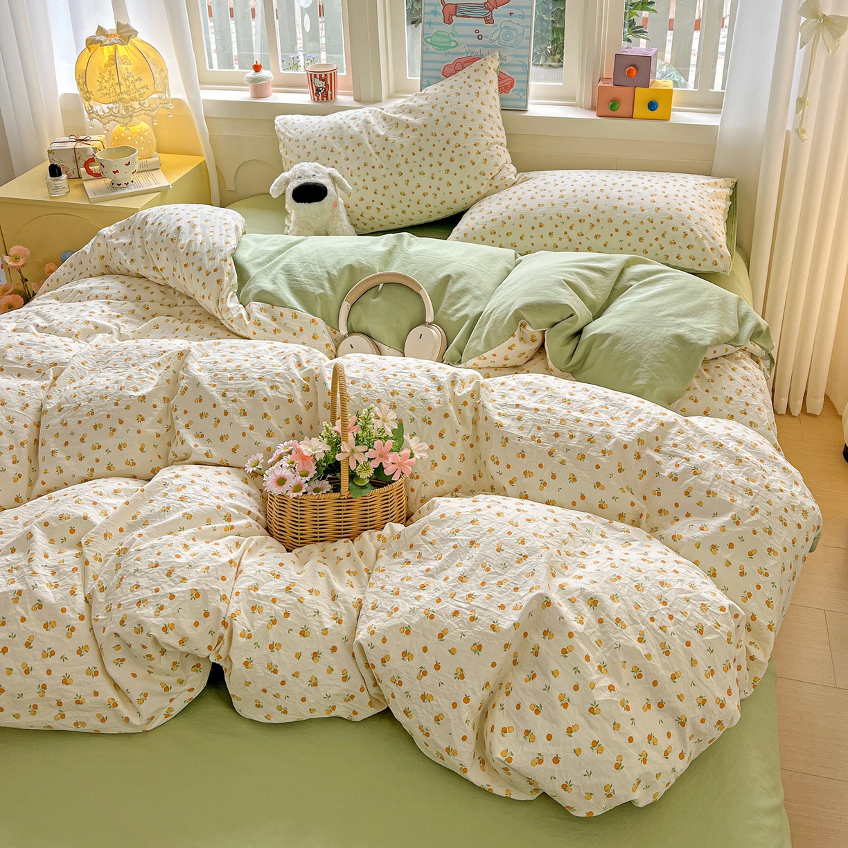 91家纺网 家纺一手货源 找家纺 弗苓家纺 2026新款古法水洗仿棉云感纱四件套小布袋 小橘子