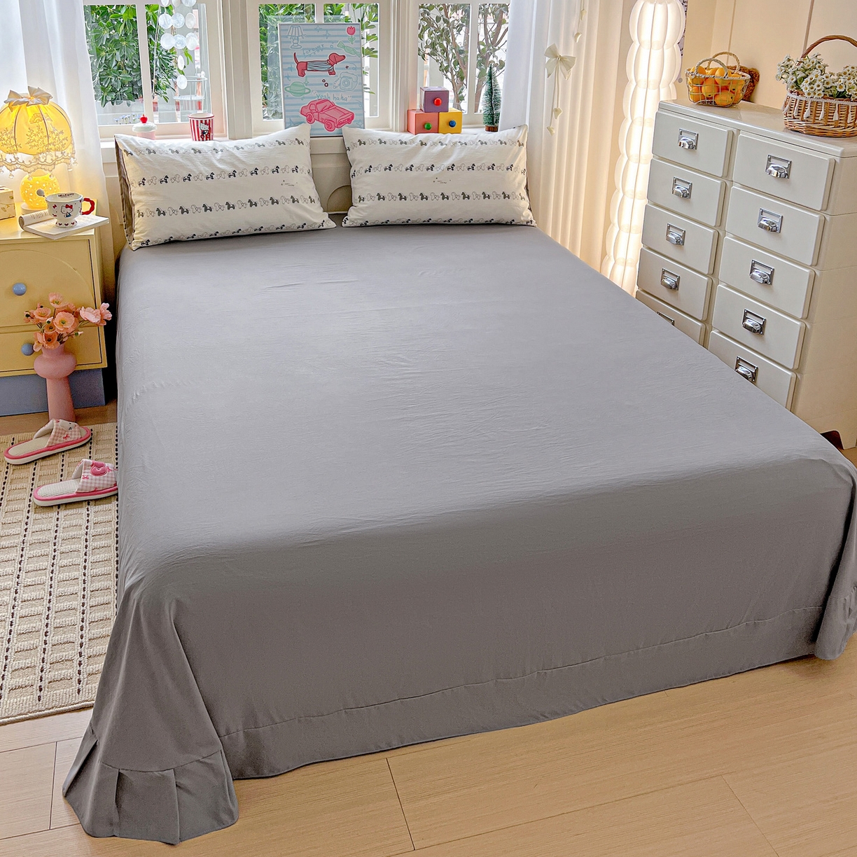 91家纺网 家纺一手货源 找家纺 弗苓家纺 2026新款古法水洗仿棉云感纱四件套小布袋 小木马