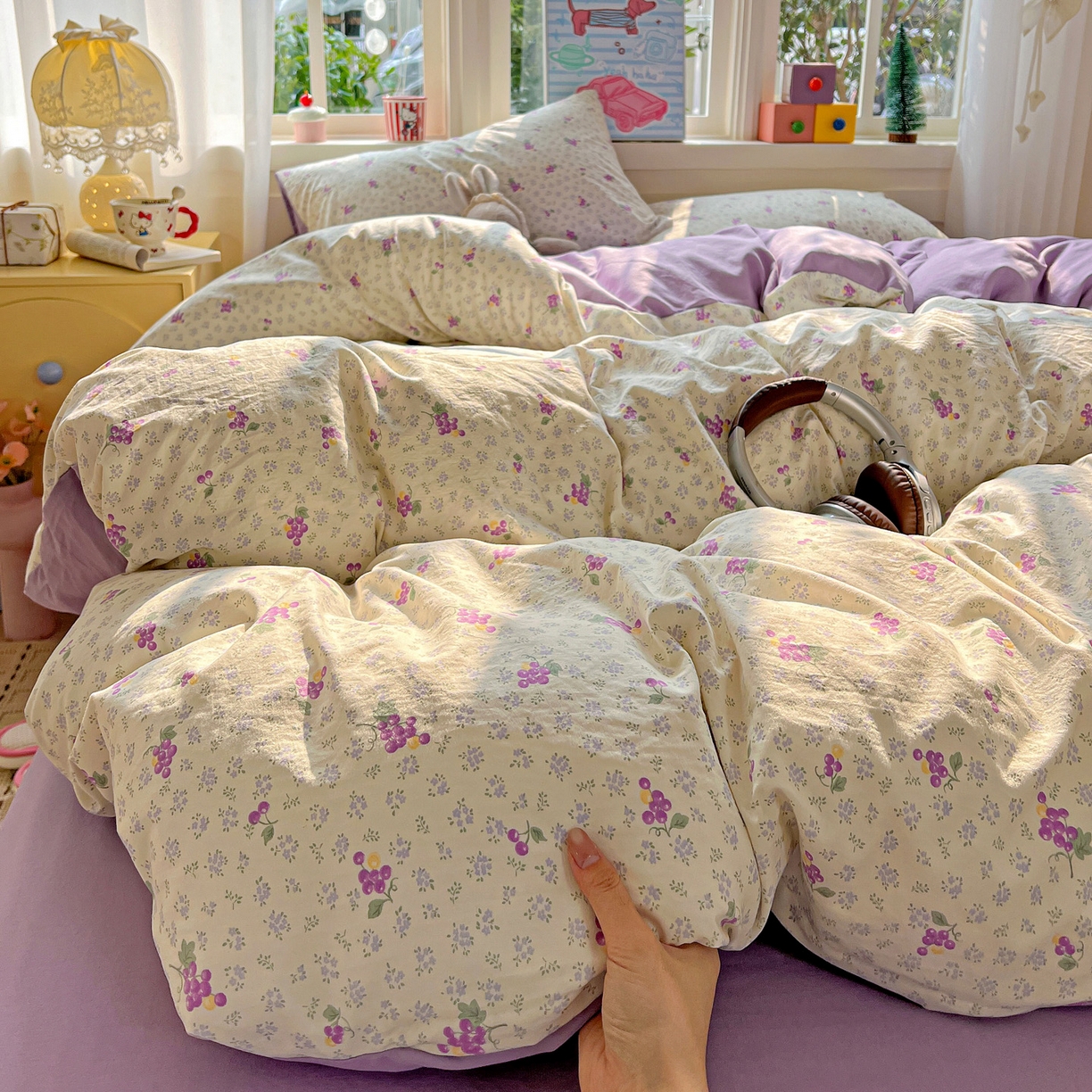 91家纺网 家纺一手货源 找家纺 弗苓家纺 2026新款古法水洗仿棉云感纱四件套小布袋 小葡萄