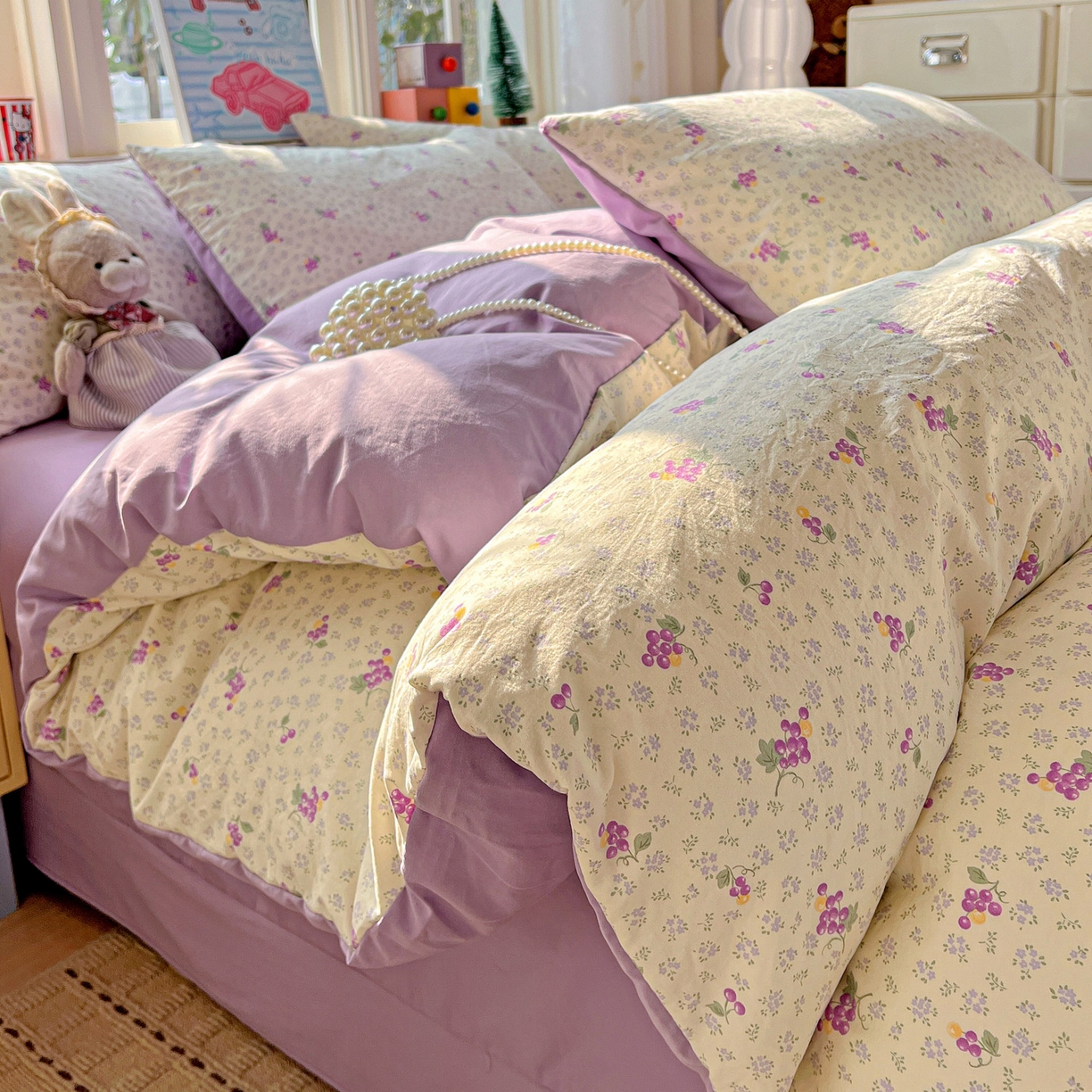 91家纺网 家纺一手货源 找家纺 弗苓家纺 2026新款古法水洗仿棉云感纱四件套小布袋 小葡萄