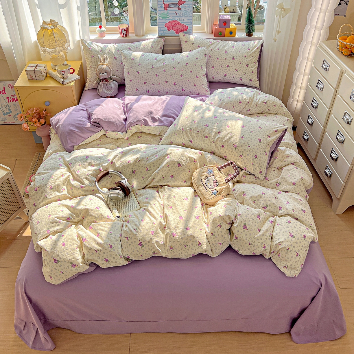 91家纺网 家纺一手货源 找家纺 弗苓家纺 2026新款古法水洗仿棉云感纱四件套小布袋 小葡萄