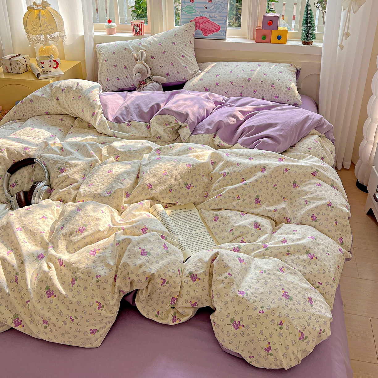 91家纺网 家纺一手货源 找家纺 弗苓家纺 2026新款古法水洗仿棉云感纱四件套小布袋 小葡萄