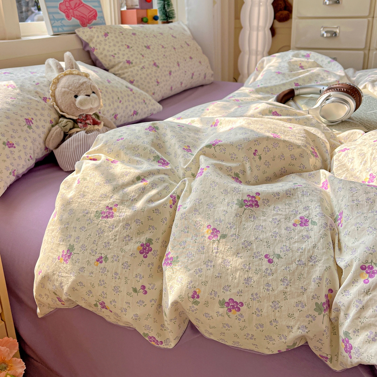 91家纺网 家纺一手货源 找家纺 弗苓家纺 2026新款古法水洗仿棉云感纱四件套小布袋 小葡萄