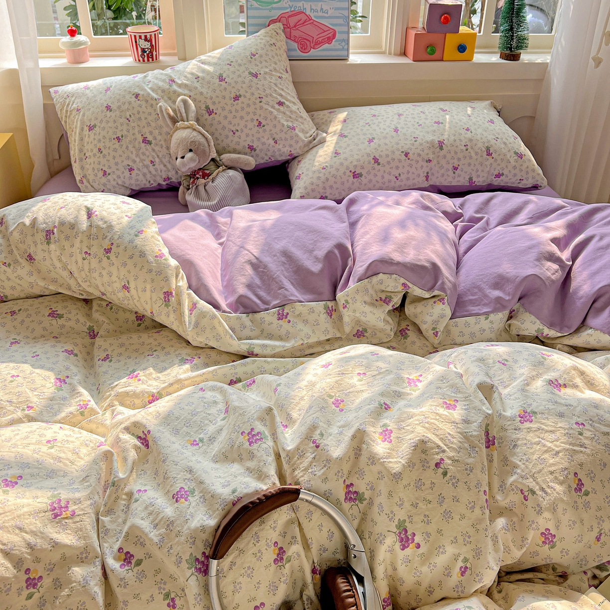 91家纺网 家纺一手货源 找家纺 弗苓家纺 2026新款古法水洗仿棉云感纱四件套小布袋 小葡萄