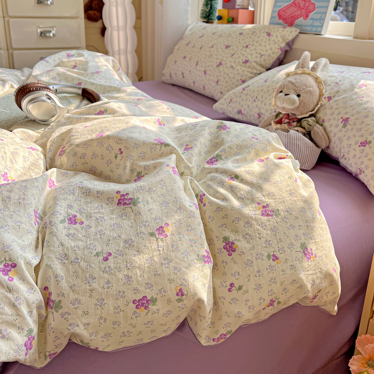 91家纺网 家纺一手货源 找家纺 弗苓家纺 2026新款古法水洗仿棉云感纱四件套小布袋 小葡萄