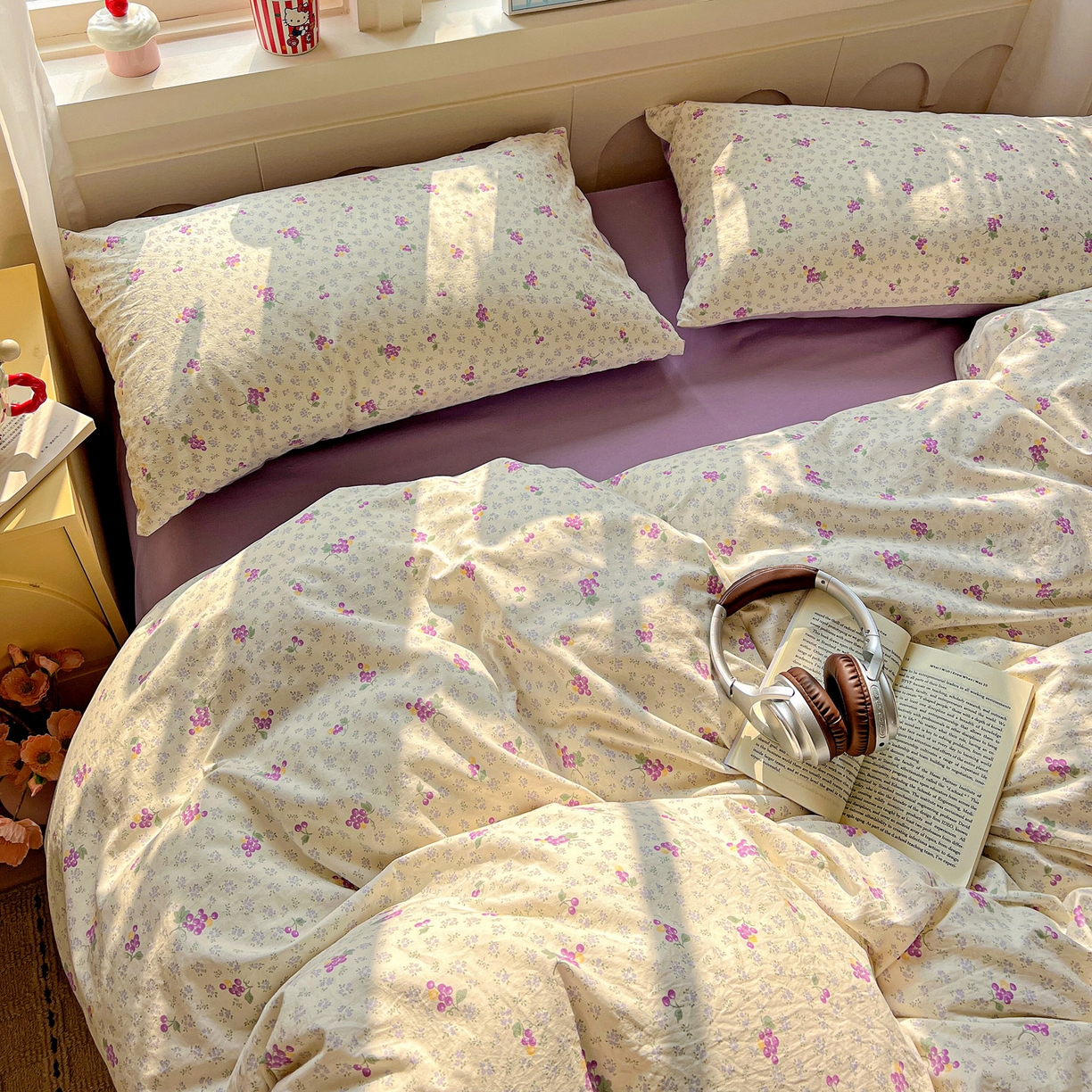 91家纺网 家纺一手货源 找家纺 弗苓家纺 2026新款古法水洗仿棉云感纱四件套小布袋 小葡萄