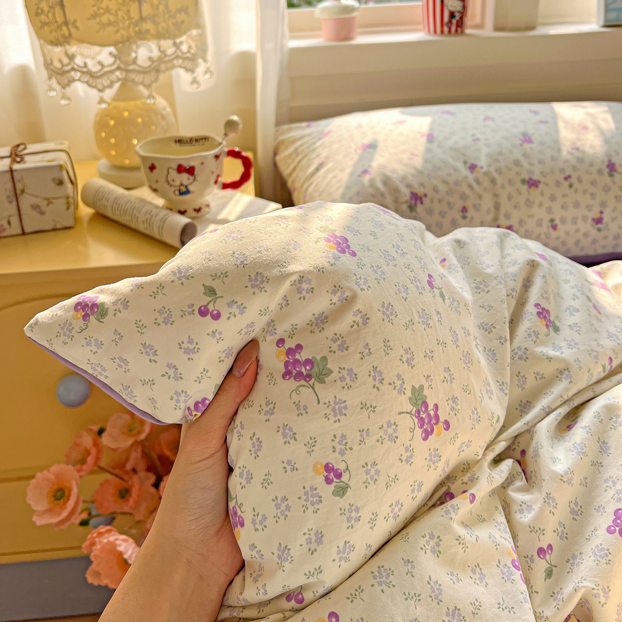 91家纺网 家纺一手货源 找家纺 弗苓家纺 2026新款古法水洗仿棉云感纱四件套小布袋 小葡萄