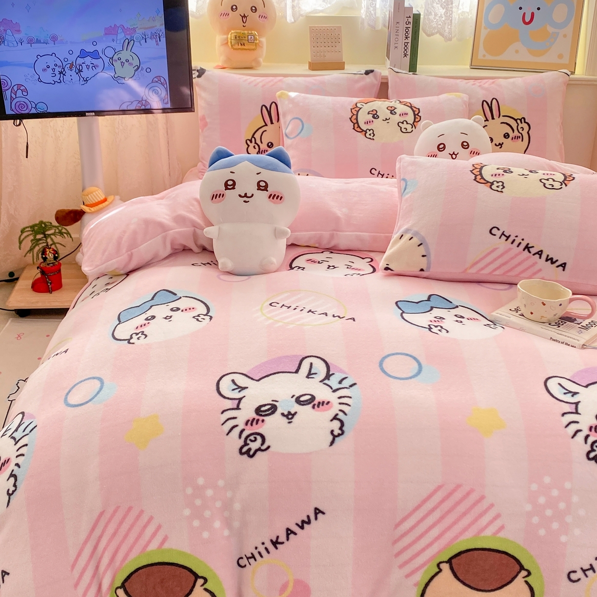 91家纺网 家纺一手货源 找家纺 博雅 2026新款卡哇正版授权高克重牛奶绒四件套 绒家族吉伊卡哇