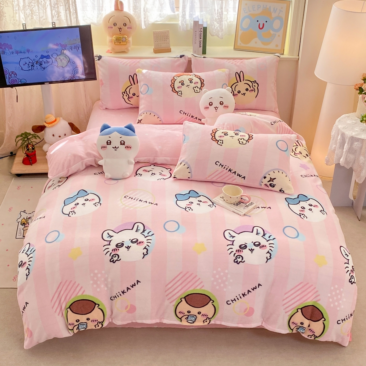 91家纺网 家纺一手货源 找家纺 博雅 2026新款卡哇正版授权高克重牛奶绒四件套 绒家族吉伊卡哇