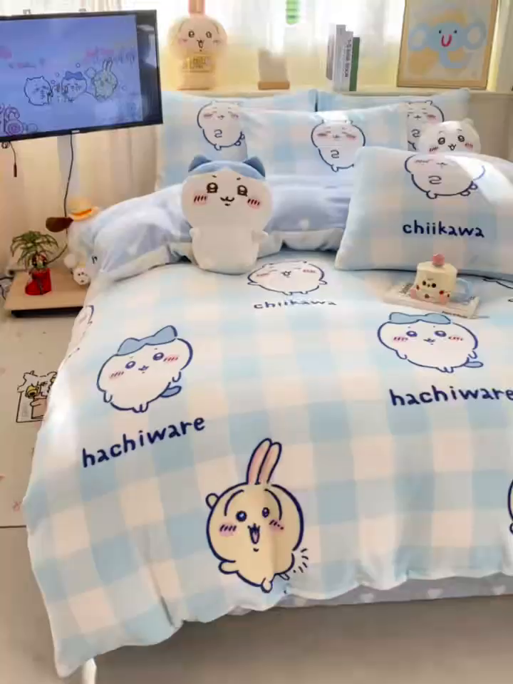 91家纺网 家纺一手货源 找家纺 博雅 2026新款卡哇正版授权高克重牛奶绒四件套 绒蓝格吉伊卡哇