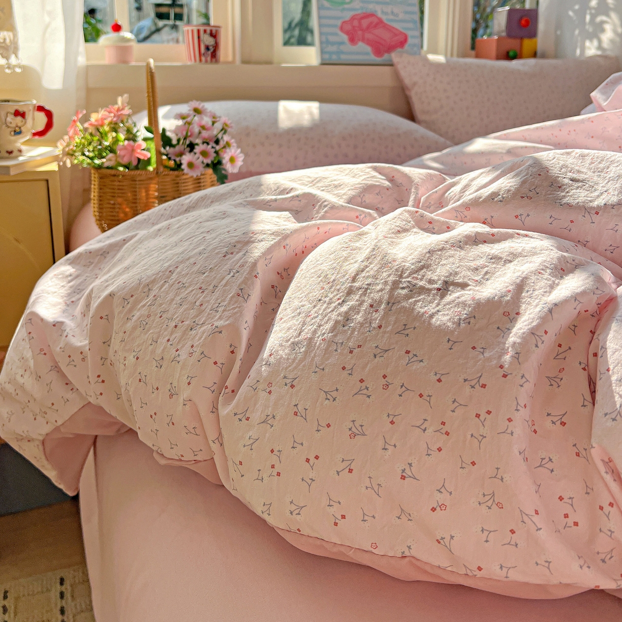 91家纺网 家纺一手货源 找家纺 弗苓家纺 2026新款古法水洗仿棉云感纱四件套小布袋 小幸运