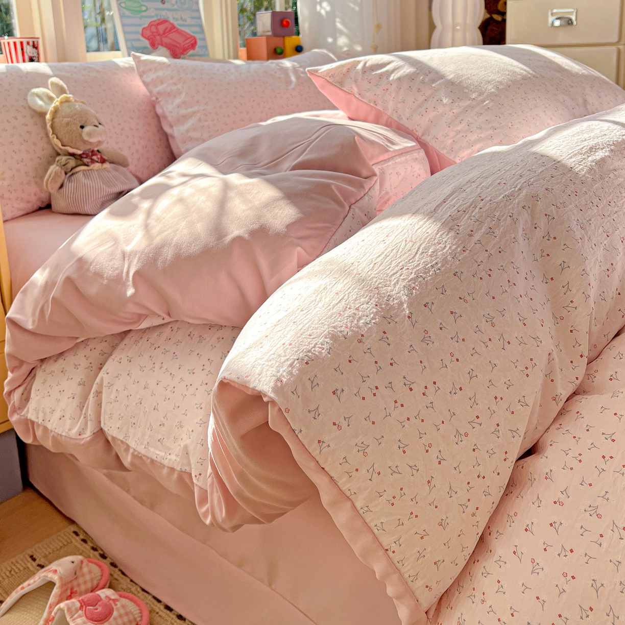 91家纺网 家纺一手货源 找家纺 弗苓家纺 2026新款古法水洗仿棉云感纱四件套小布袋 小幸运