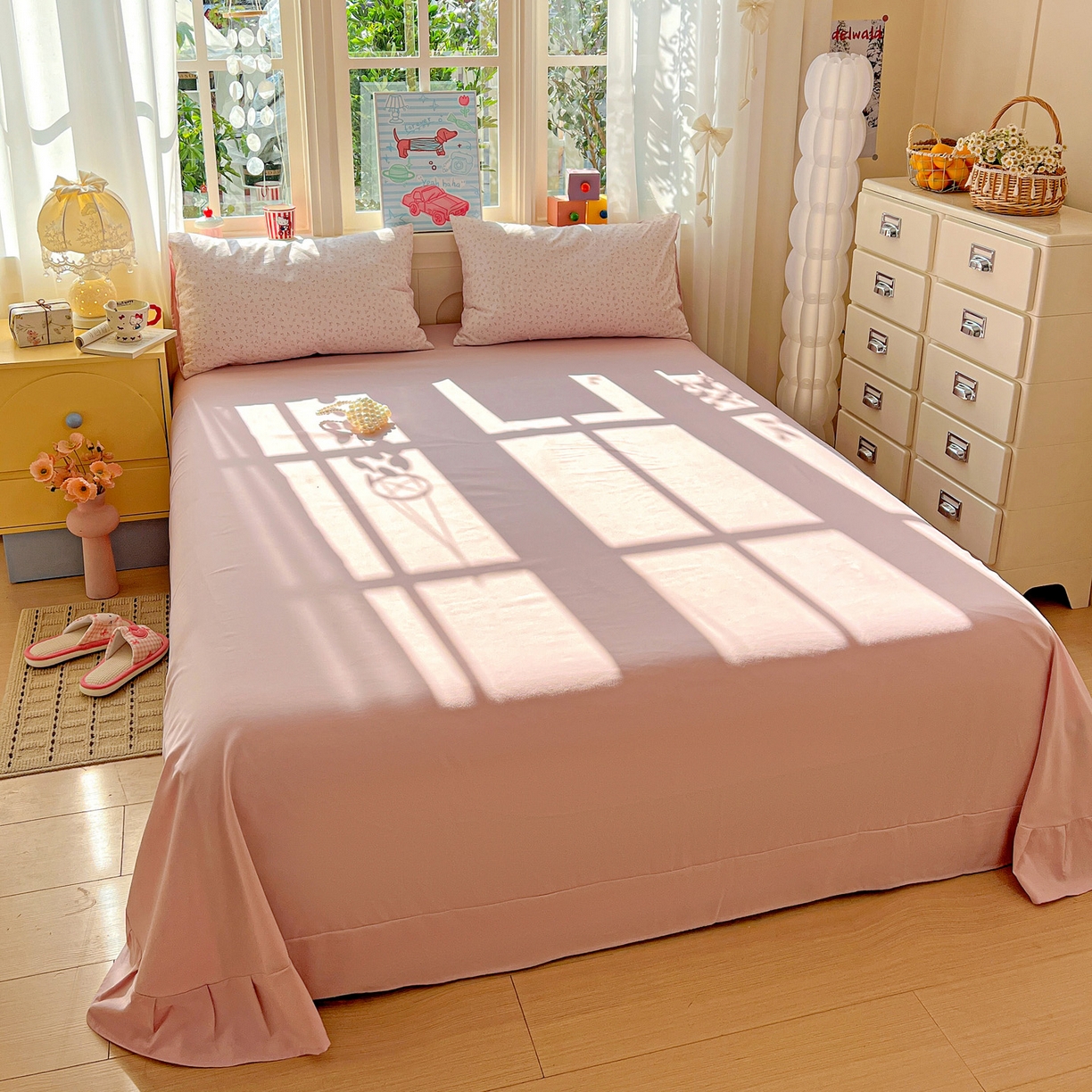 91家纺网 家纺一手货源 找家纺 弗苓家纺 2026新款古法水洗仿棉云感纱四件套小布袋 小幸运