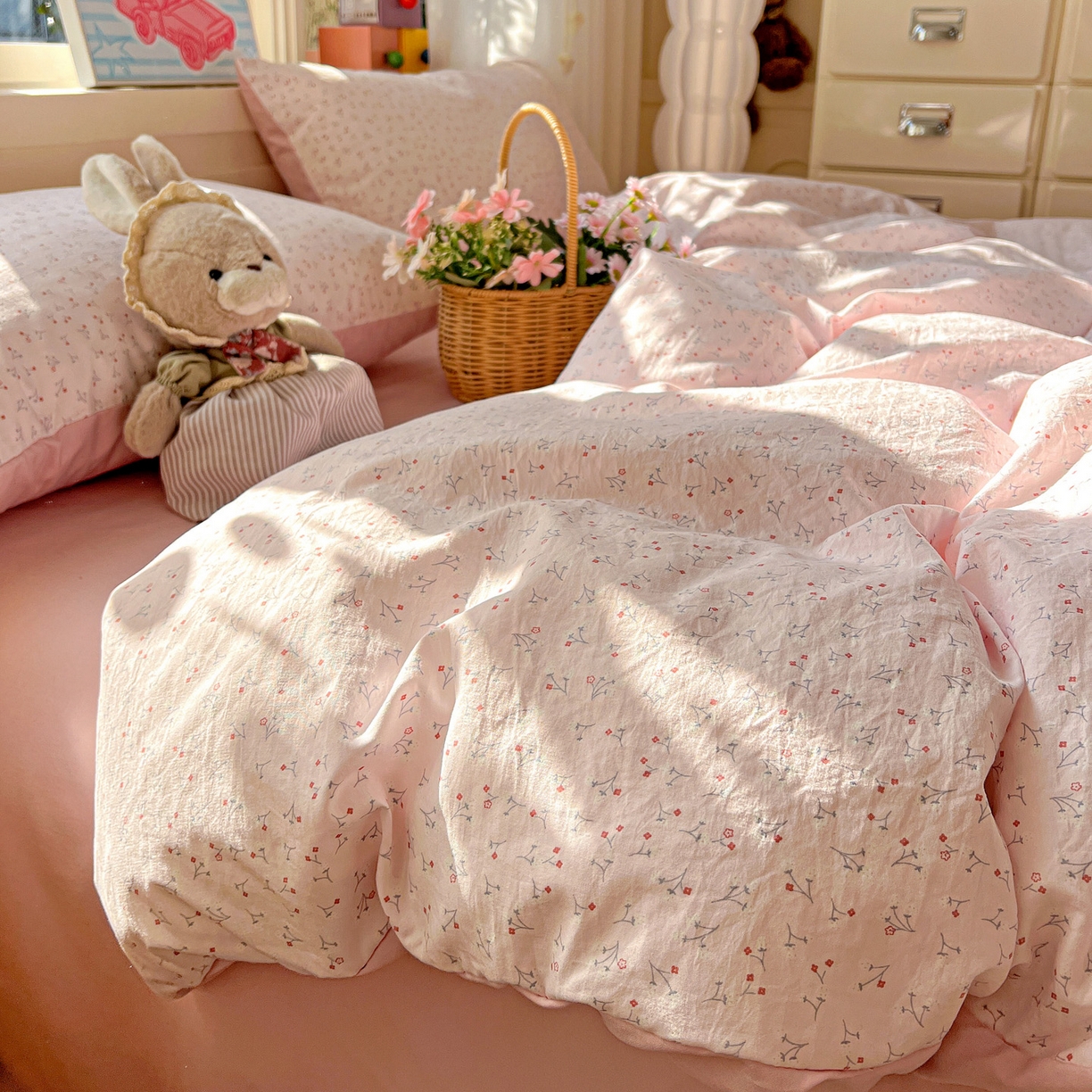 91家纺网 家纺一手货源 找家纺 弗苓家纺 2026新款古法水洗仿棉云感纱四件套小布袋 小幸运