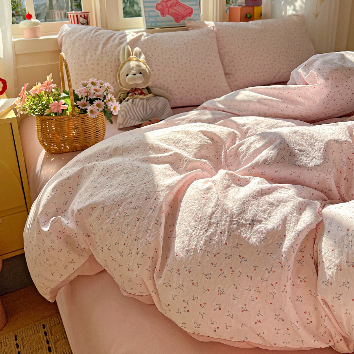 91家纺网 家纺一手货源 找家纺 弗苓家纺 2026新款古法水洗仿棉云感纱四件套小布袋 小幸运