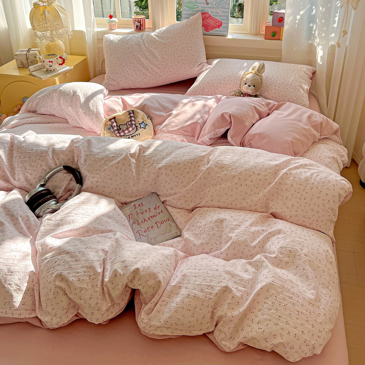 91家纺网 家纺一手货源 找家纺 弗苓家纺 2026新款古法水洗仿棉云感纱四件套小布袋 小幸运