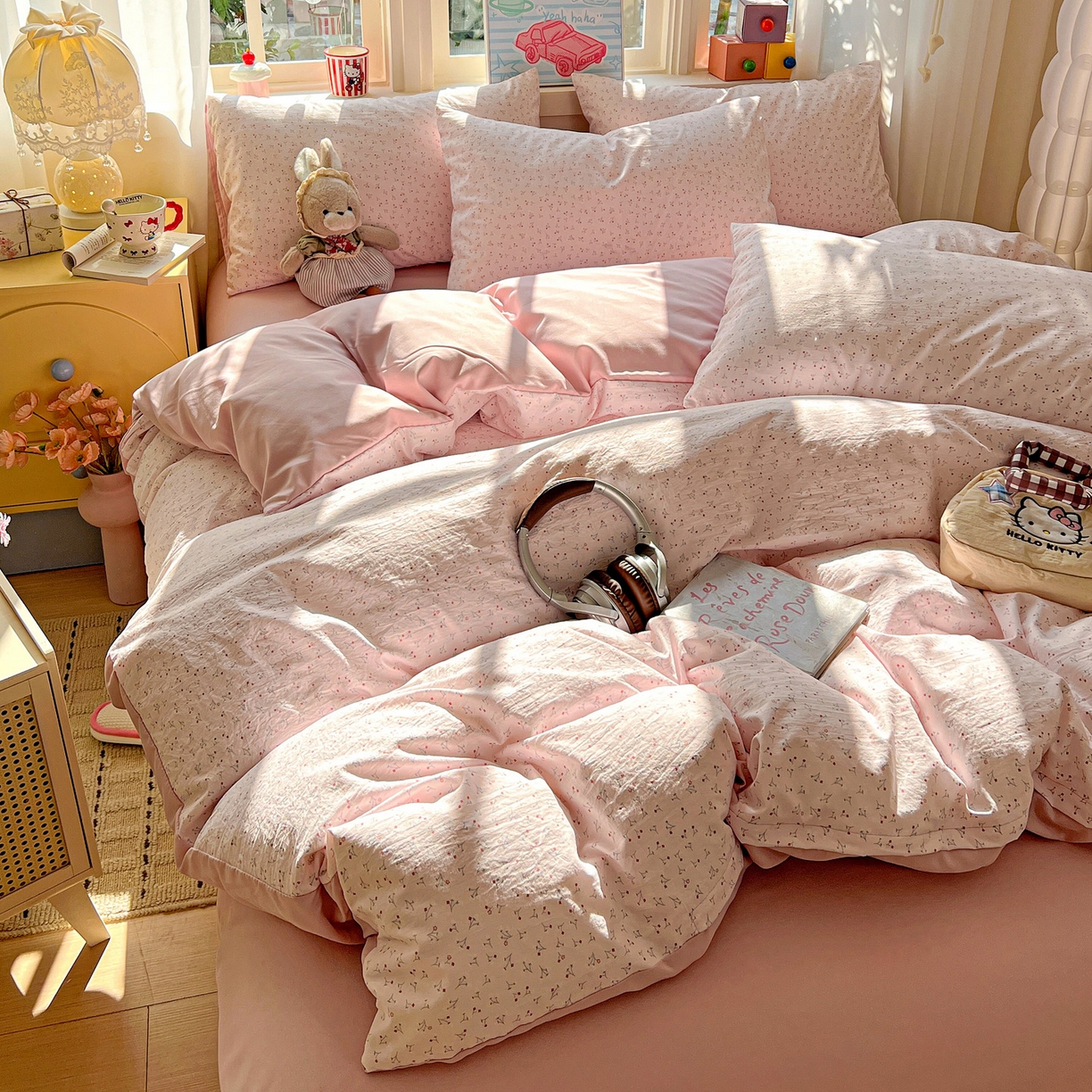 91家纺网 家纺一手货源 找家纺 弗苓家纺 2026新款古法水洗仿棉云感纱四件套小布袋 小幸运