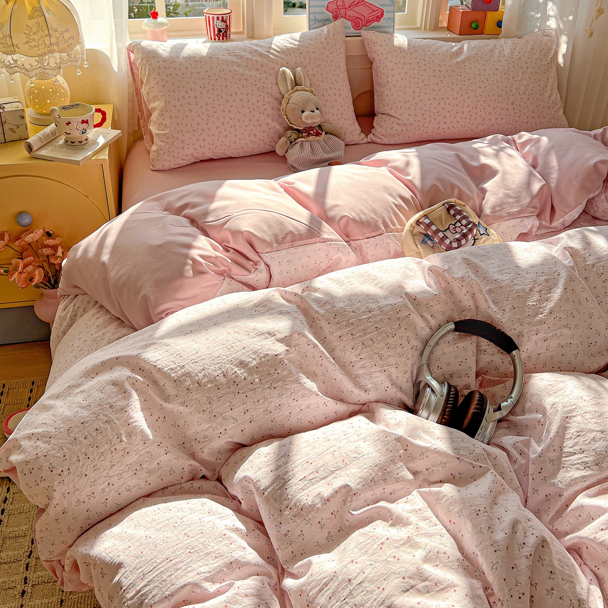 91家纺网 家纺一手货源 找家纺 弗苓家纺 2026新款古法水洗仿棉云感纱四件套小布袋 小幸运