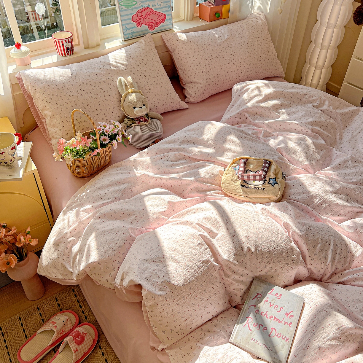 91家纺网 家纺一手货源 找家纺 弗苓家纺 2026新款古法水洗仿棉云感纱四件套小布袋 小幸运