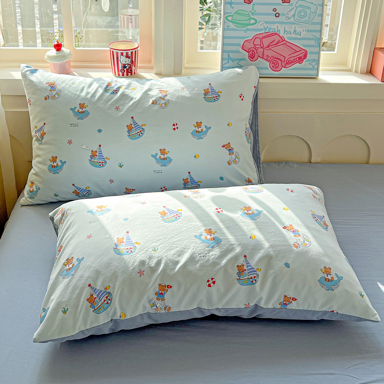 91家纺网 家纺一手货源 找家纺 弗苓家纺 2026新款古法水洗仿棉云感纱四件套小布袋 熊熊航海