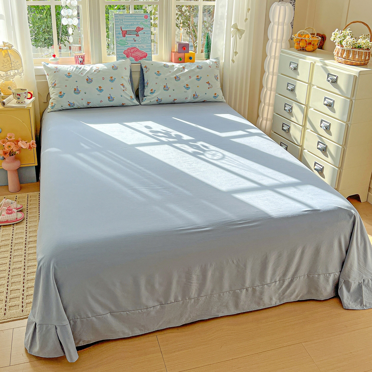 91家纺网 家纺一手货源 找家纺 弗苓家纺 2026新款古法水洗仿棉云感纱四件套小布袋 熊熊航海