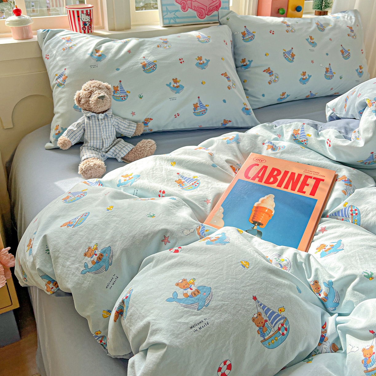 91家纺网 家纺一手货源 找家纺 弗苓家纺 2026新款古法水洗仿棉云感纱四件套小布袋 熊熊航海