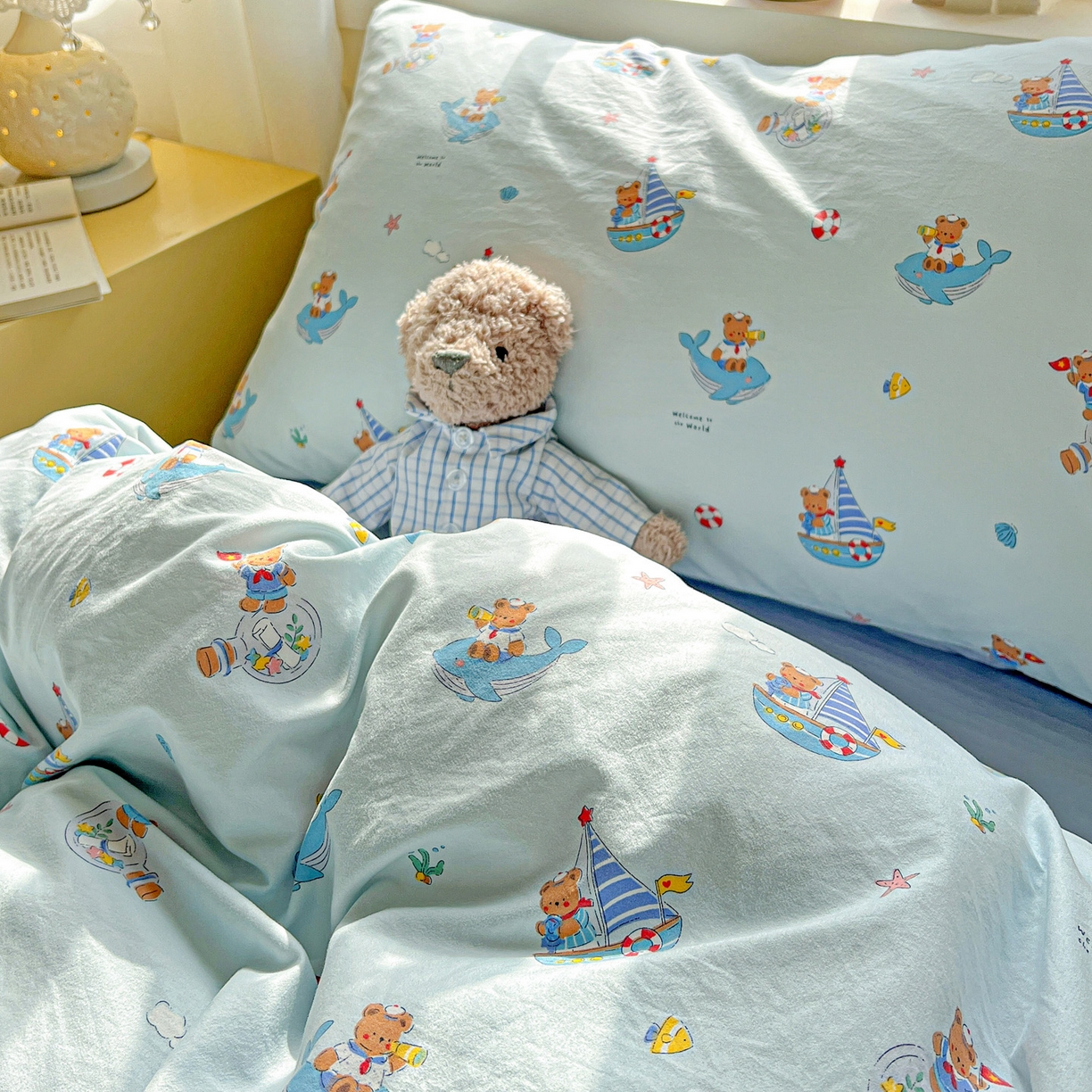 91家纺网 家纺一手货源 找家纺 弗苓家纺 2026新款古法水洗仿棉云感纱四件套小布袋 熊熊航海