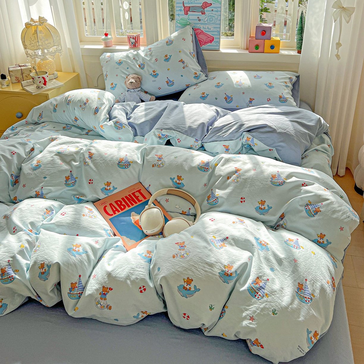 91家纺网 家纺一手货源 找家纺 弗苓家纺 2026新款古法水洗仿棉云感纱四件套小布袋 熊熊航海