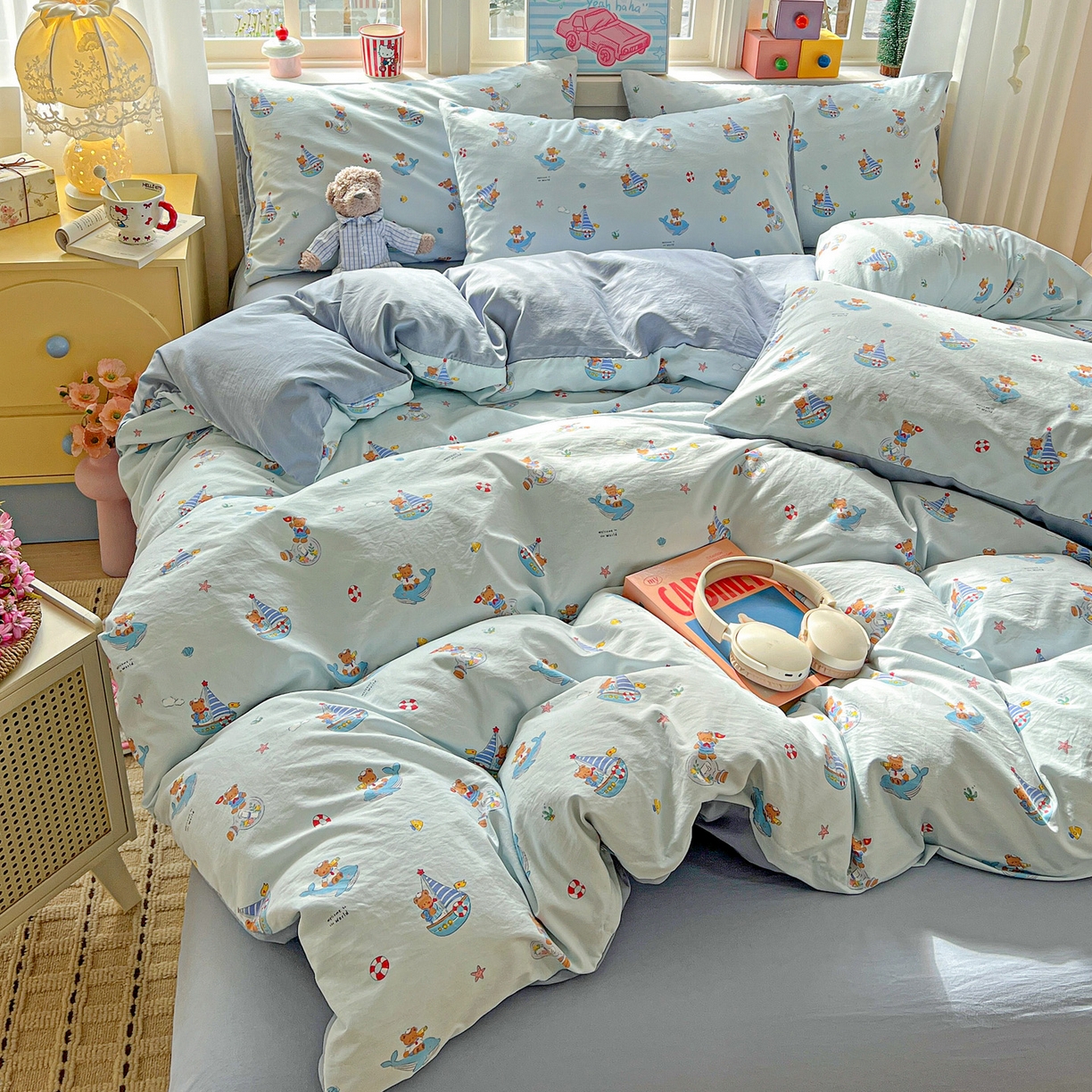 91家纺网 家纺一手货源 找家纺 弗苓家纺 2026新款古法水洗仿棉云感纱四件套小布袋 熊熊航海