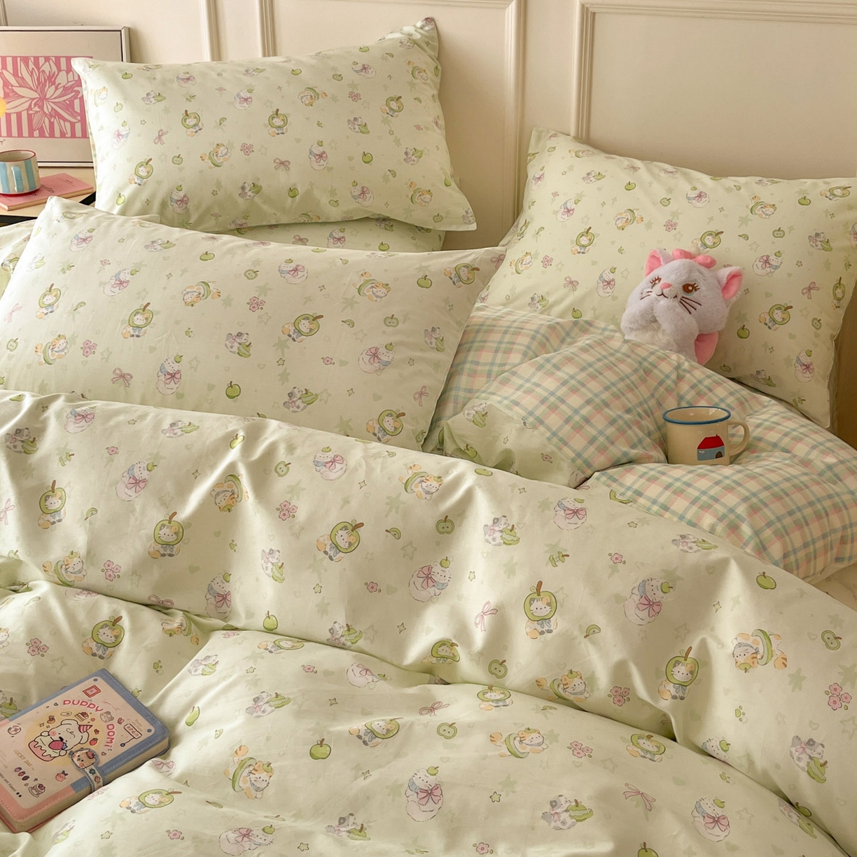 91家纺网 家纺一手货源 找家纺 西引力 2026新款40S全棉斜纹印花四件套 绿苹果猫猫