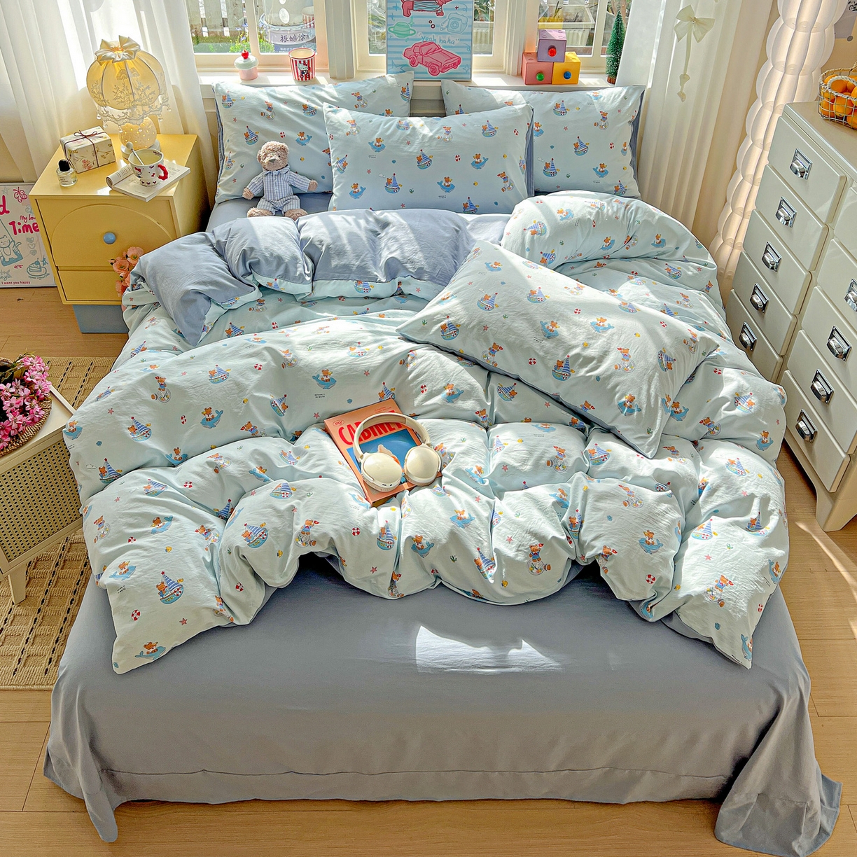 91家纺网 家纺一手货源 找家纺 弗苓家纺 2026新款古法水洗仿棉云感纱四件套小布袋 熊熊航海