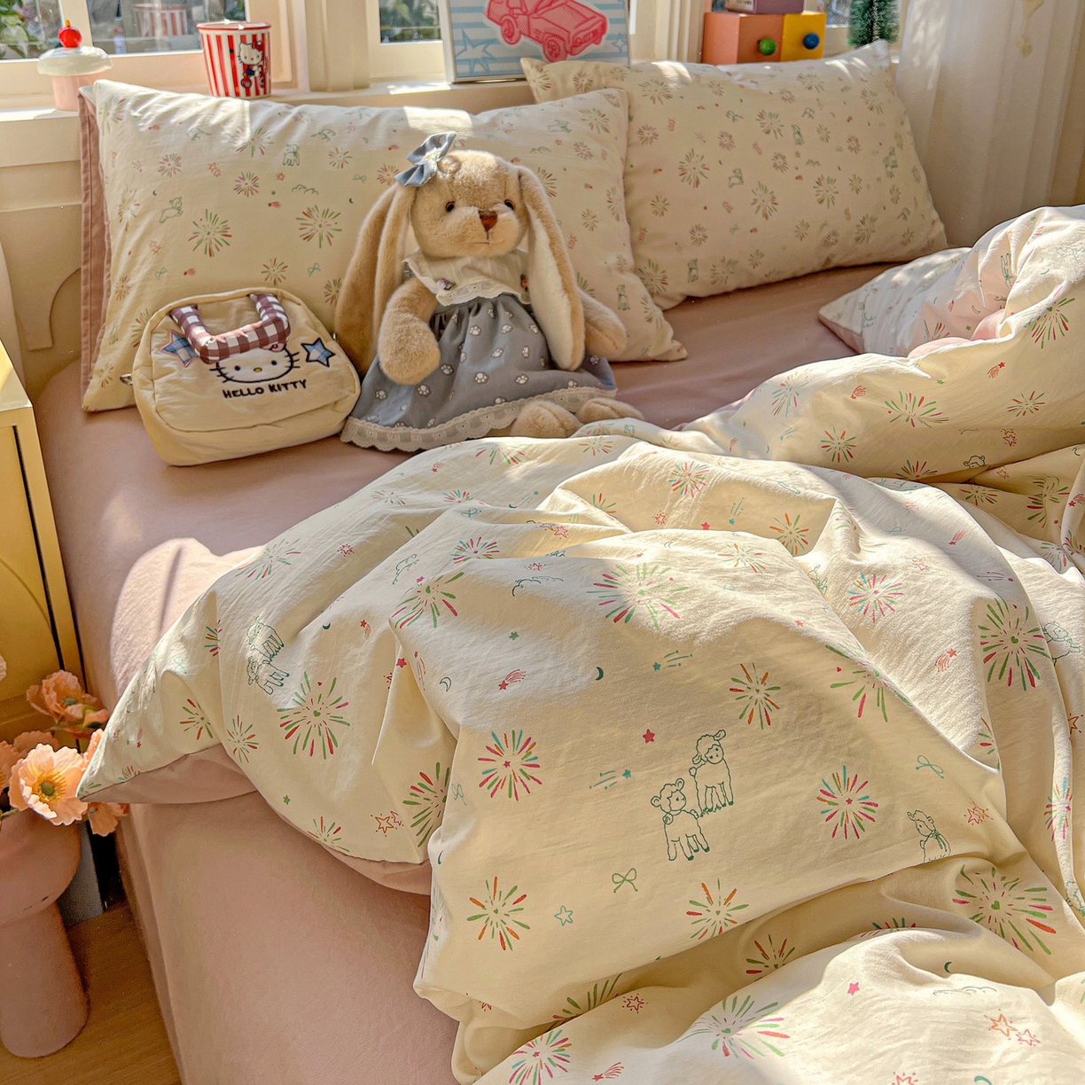 91家纺网 家纺一手货源 找家纺 弗苓家纺 2026新款古法水洗仿棉云感纱四件套小布袋 烟花星语